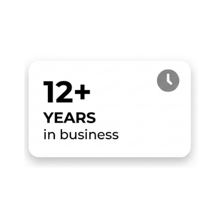 Badge indicating 12+ years in business with a clock icon on a white background