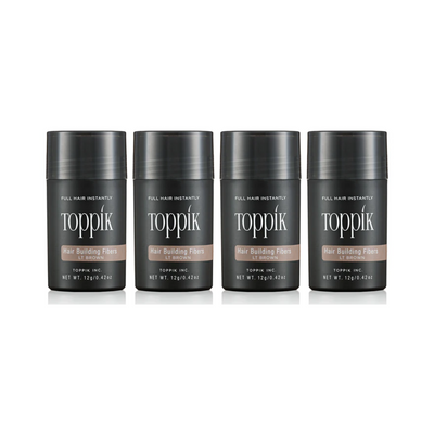 Four bottles of Toppik hair building fibers light brown on a white background