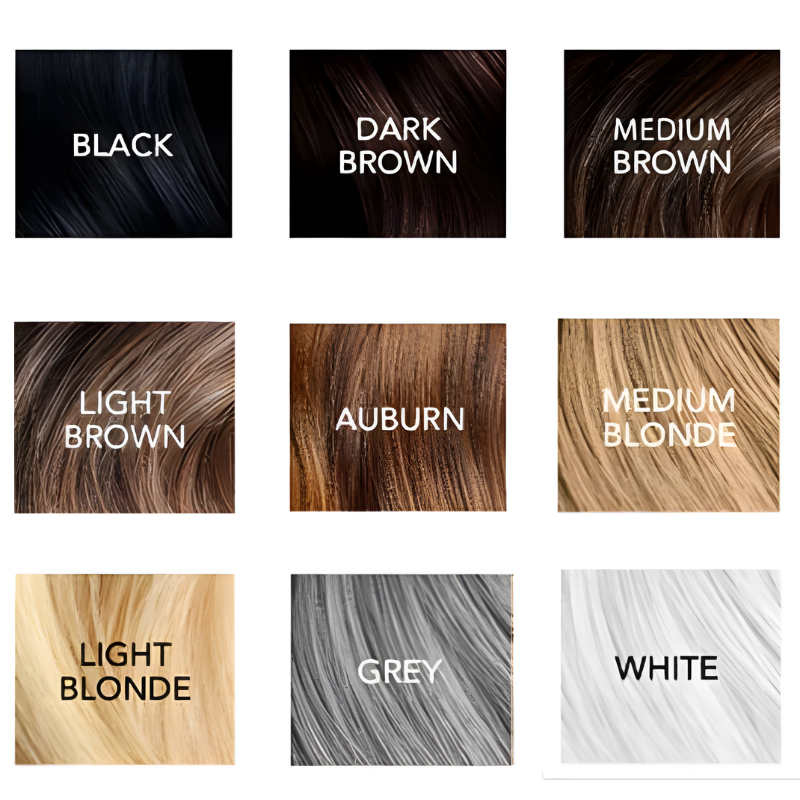 Hair color swatches with labels for black, dark brown, medium brown, light brown, auburn, medium blonde, light blonde, grey, and white.